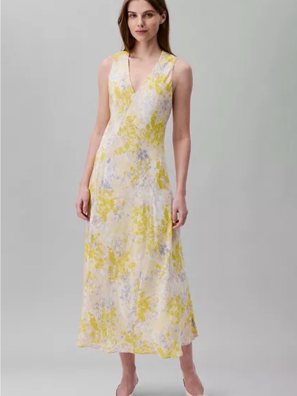 Calvin Klein Yellow Floral V-Neck Maxi Dress